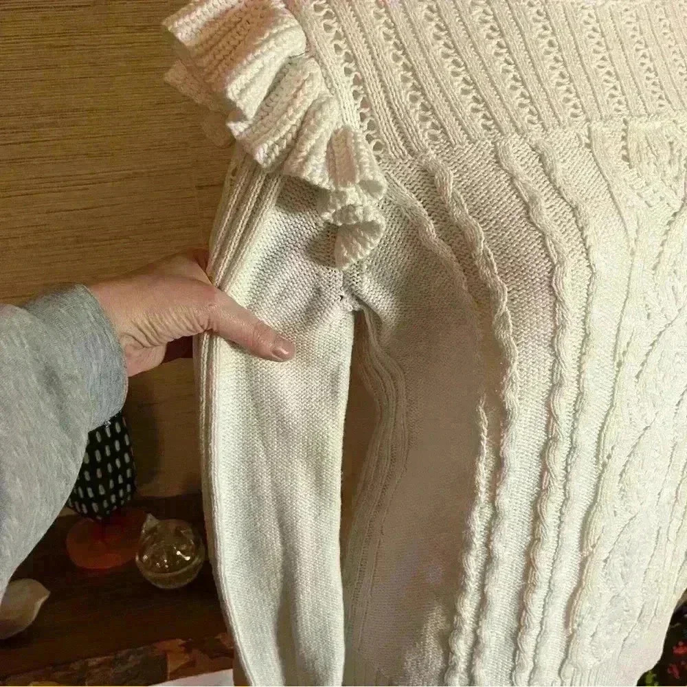 Ann Taylor Loft White Knit Sweater Ruffle Sleeve Cable Knit Women’s Size Medium - Picture 11 of 12